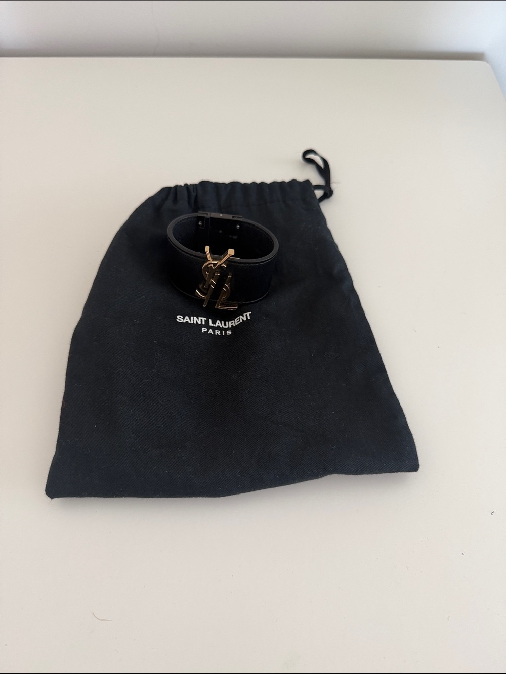 Saint Laurent Black Leather Cuff with Gold YSL Logo - Picture 2 of 4